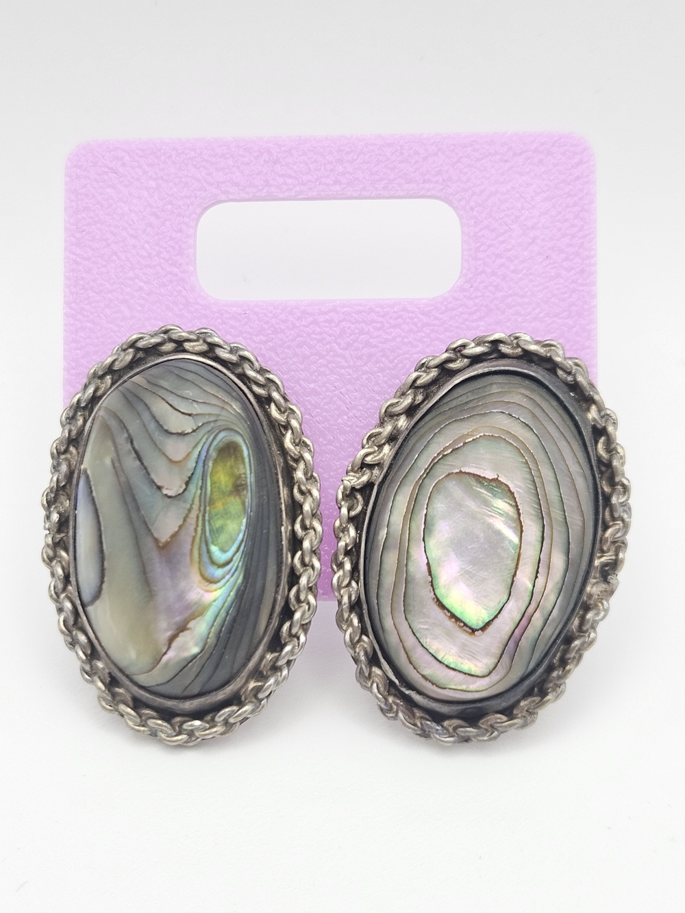 VintageAbalone Shell Oval Sterling Silver Screw Back Earrings - Iridescent Green